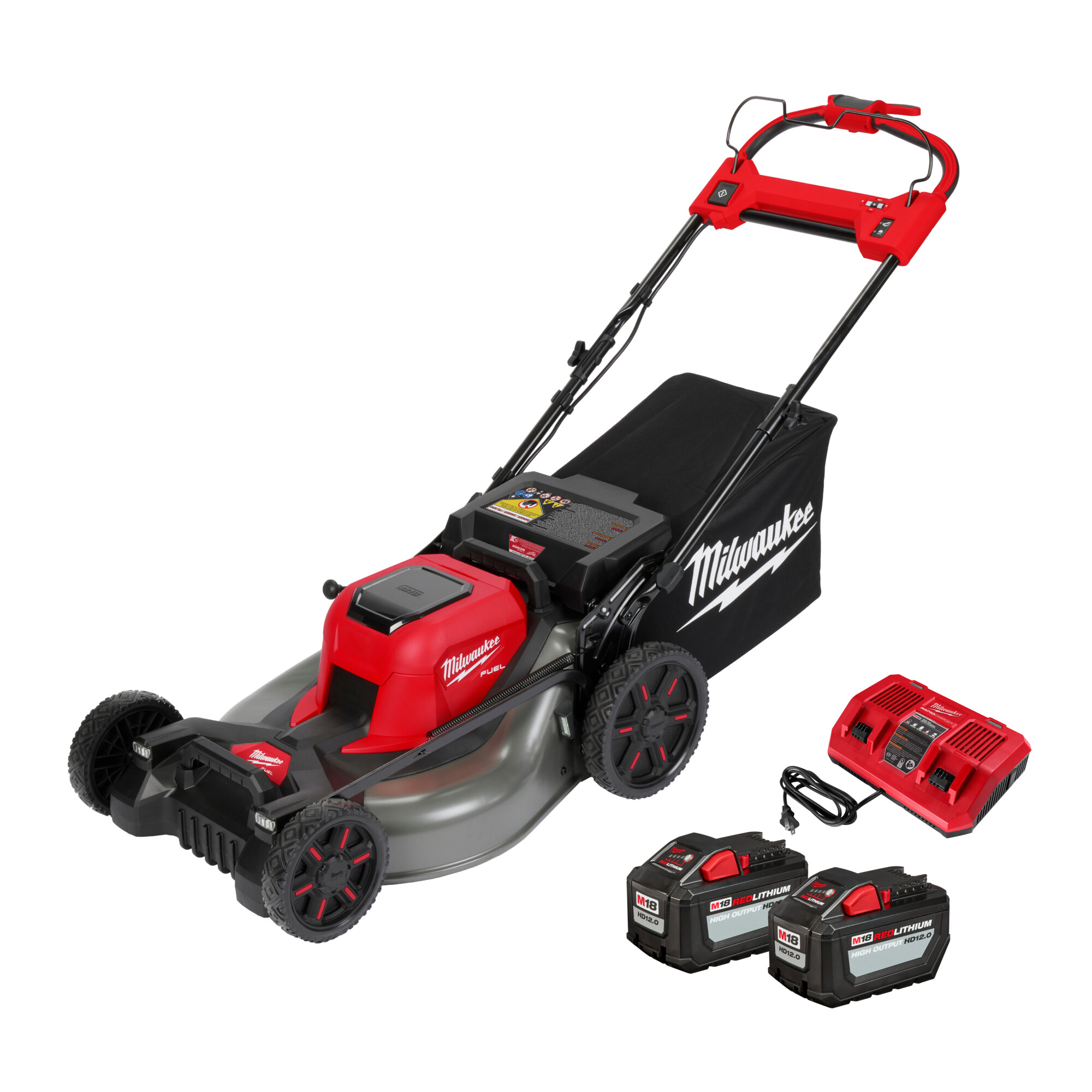 Milwaukee M18 FUEL Self-Propelled Dual Battery Cordless Lawn Mower Kit, 21in. Deck, Includes (2) 12.0Ah Battery Packs and M18 Dual Bay Rapid Charger, Model# 2823-22HD